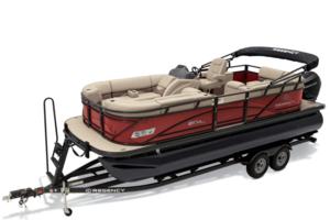 2019 Regency 210 DL3 luxury pontoon in red with black logs and tan interior