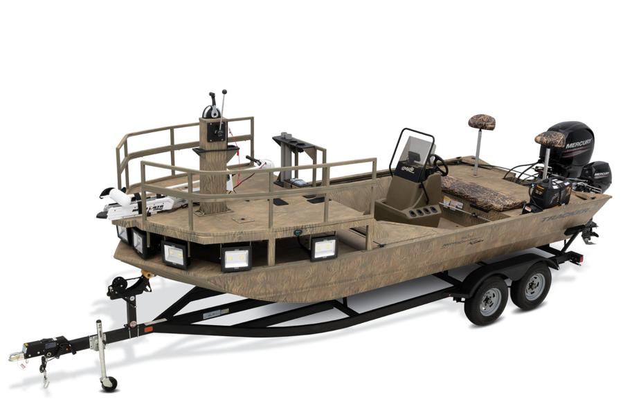 Tracker center console jon boats include this model with bowfishing platform and kicker motor